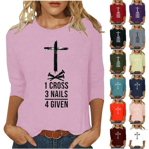 DDAPJ pyju 3/4 Length Sleeve Womens Tops Cross Heart Inspirational Religious Christian T-Shirt Funny Print Tees Crewneck Blouse Gray XXXXXL