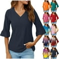 thumbnail image 1 of DDAPJ pyju 3/4 Length Sleeve Womens Tops Dressy Casual Blouses for Women Trendy V Neck T Shirts Summer Clothes Ofertas relámpago Blue S, 1 of 6