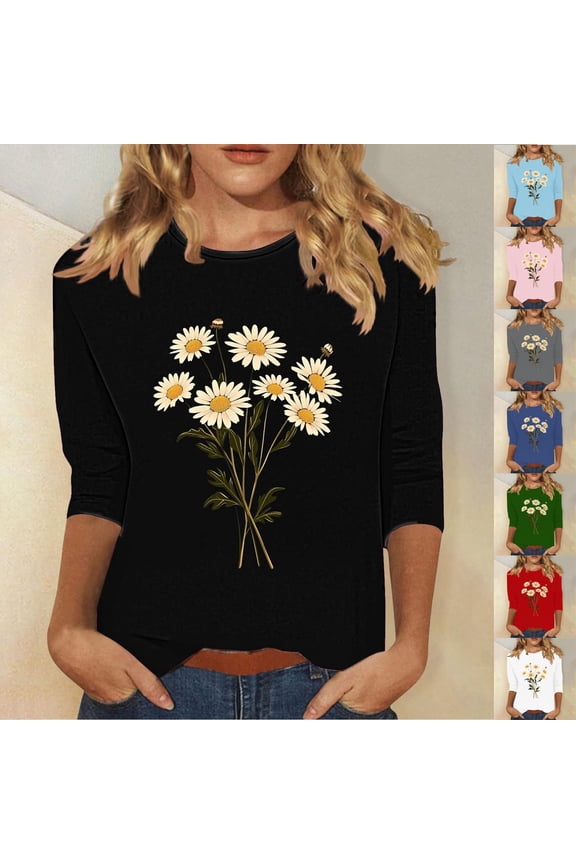 3/4 Length Sleeve Womens Tops Floral Graphic T Shirt Dressy Casual Round Neck Blouse Tees Lightning Sales of The Day Blue XXL