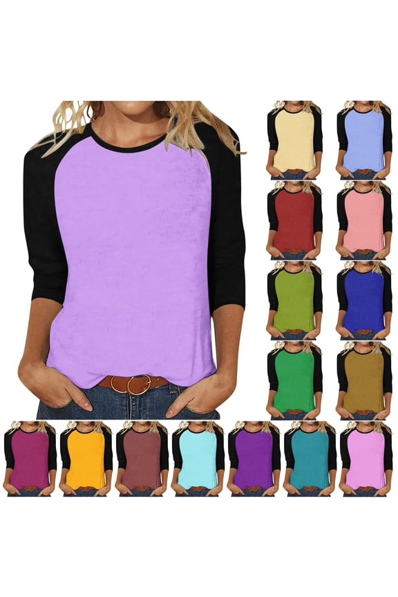 3/4 Sleeve Baseball Shirts for Women Crewneck Blouse Trendy Casual Raglan Sleeves Tops Dark Purple XXL