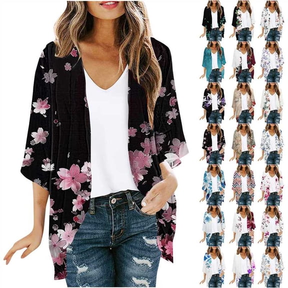 DDAPJ pyju 3/4 Sleeve Cardigans for Women Lightweight Open Front Casual Blouse Tops Vintage Floral Print Chiffon Kimono Cardigan Lightning Sales Multicolor XXXXL