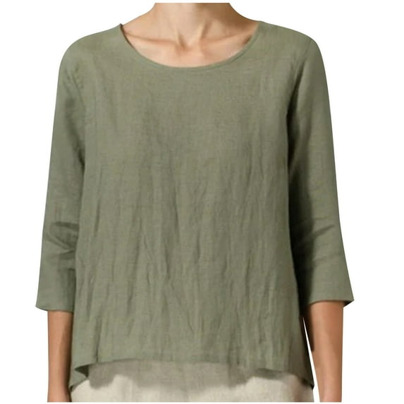 DDAPJ pyju 3/4 Sleeve Cotton Linen Shirts for Women,Round Neck Casual Tunic Loose Comfy Longshirt Plus Size Solide Blouse Spring Summer Lightweight Tops S - 5XL