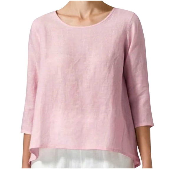 DDAPJ pyju 3/4 Sleeve Cotton Linen Shirts for Women,Round Neck Casual Tunic Loose Comfy Longshirt Plus Size Solide Blouse Spring Summer Lightweight Tops S - 5XL