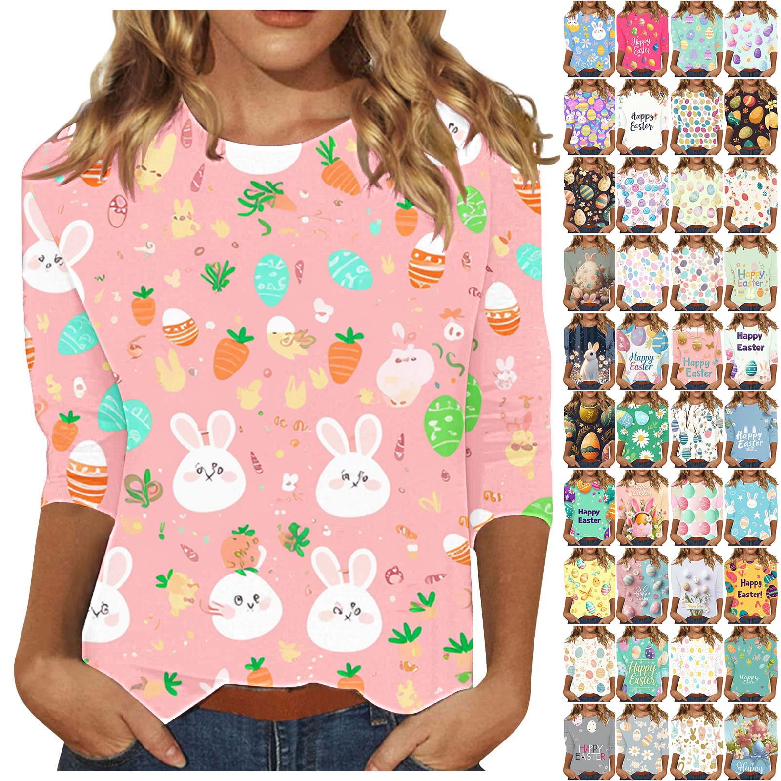 Happy Easter Shirt For Women - Cute Bunny Rabbit Graphic Tee, 3/4 Sleeve Crewneck Holiday Blouse - View #2