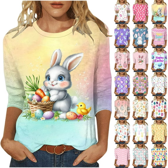 DDAPJ pyju 3/4 Sleeve Easter Shirts for Women, Happy Easter Day Women Shirt,3/4 Sleeve Funny Bunny Graphic Tee Tops, Casual Loose Tunic, Novelty Easter Shirts Daily Sales Multicolor S