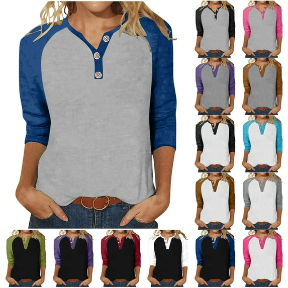 DDAPJ pyju 3/4 Sleeve Raglan Shirts for Women Color Block Henley Blouse Loose Casual Button Tunic Tops Brown L