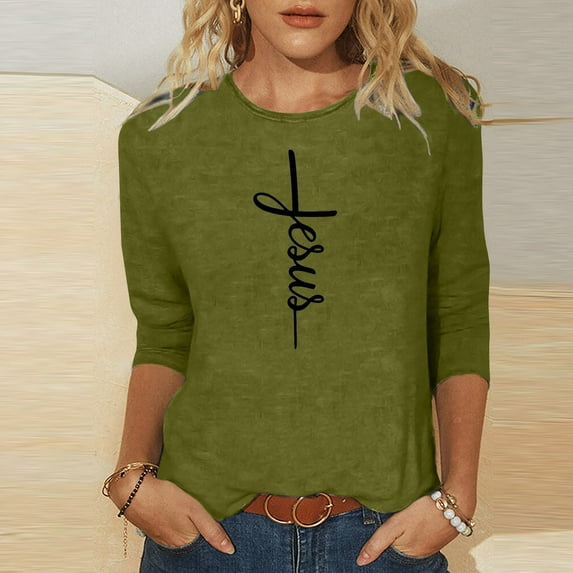 DDAPJ pyju 3/4 Sleeve Shirts for Women Easter Christian T-shirts Jesus Cross Print Graphic Tees Loose Fit Mid-length Casual Crewneck Tee Tops Army Green L