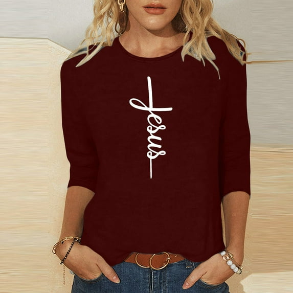 DDAPJ pyju 3/4 Sleeve Shirts for Women Easter Christian T-shirts Jesus Cross Print Graphic Tees Loose Fit Mid-length Casual Crewneck Tee Tops Wine M