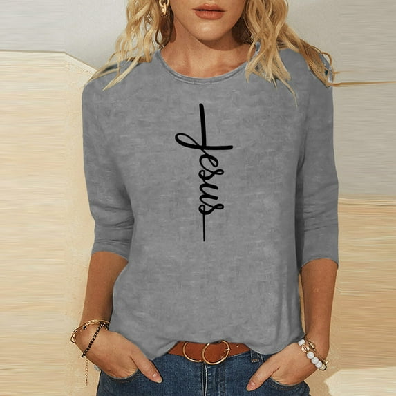 DDAPJ pyju 3/4 Sleeve Shirts for Women Easter Christian T-shirts Jesus Cross Print Graphic Tees Loose Fit Mid-length Casual Crewneck Tee Tops Gray M