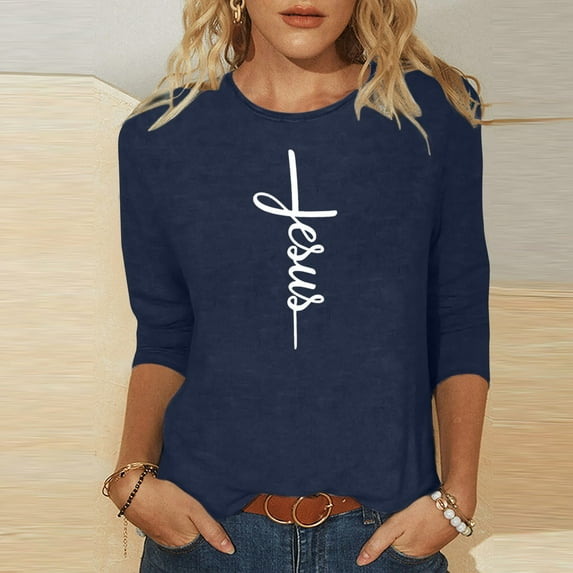 DDAPJ pyju 3/4 Sleeve Shirts for Women Easter Christian T-shirts Jesus Cross Print Graphic Tees Loose Fit Mid-length Casual Crewneck Tee Tops Navy S