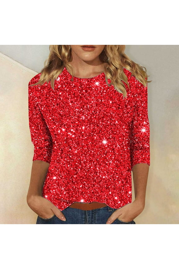 3/4 Sleeve Shirts for Women Loose Casual Sequin Print Round Neck Blouse Shirt Shiny Party Tees Fashion Going Out Tunic Tops Red L