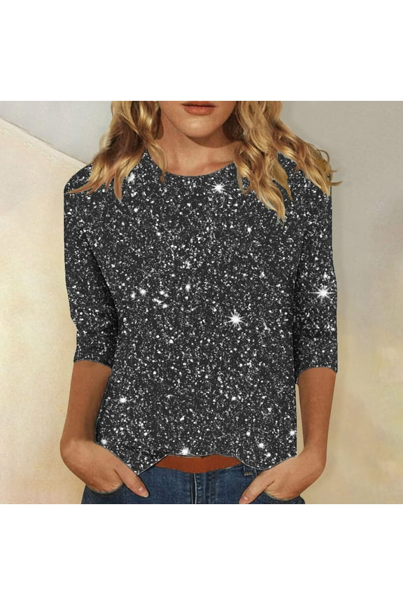 3/4 Sleeve Shirts for Women Loose Casual Sequin Print Round Neck Blouse Shirt Shiny Party Tees Fashion Going Out Tunic Tops Black S