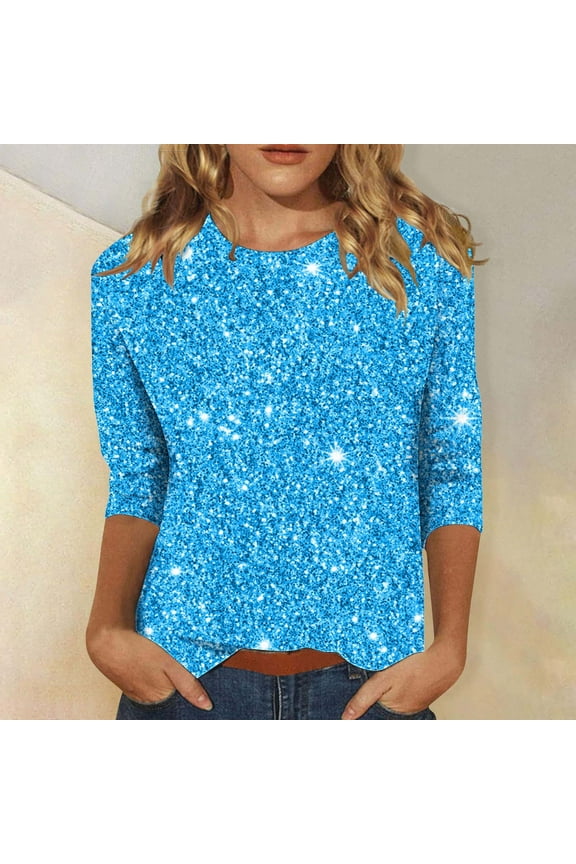 3/4 Sleeve Shirts for Women Loose Casual Sequin Print Round Neck Blouse Shirt Shiny Party Tees Fashion Going Out Tunic Tops Blue S