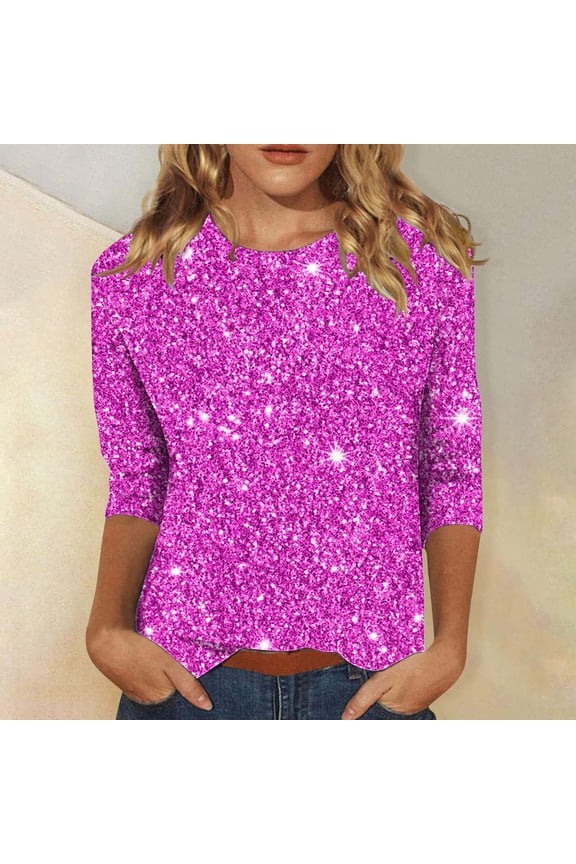 3/4 Sleeve Shirts for Women Loose Casual Sequin Print Round Neck Blouse Shirt Shiny Party Tees Fashion Going Out Tunic Tops Purple S