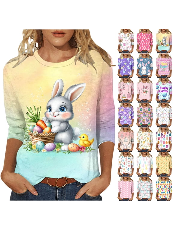 3/4 Sleeve T Shirts for Women Easter Graphic Print Crewneck Tops Casual Holiday Plus Size Tee Shirts Multicolor XXXXL