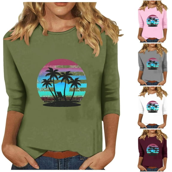 DDAPJ pyju 3/4 Sleeve Tops for Women Casual Aloha T-shirts Hawaiian Graphic Tees Three Quarter Length Summer Shirts Army Green S