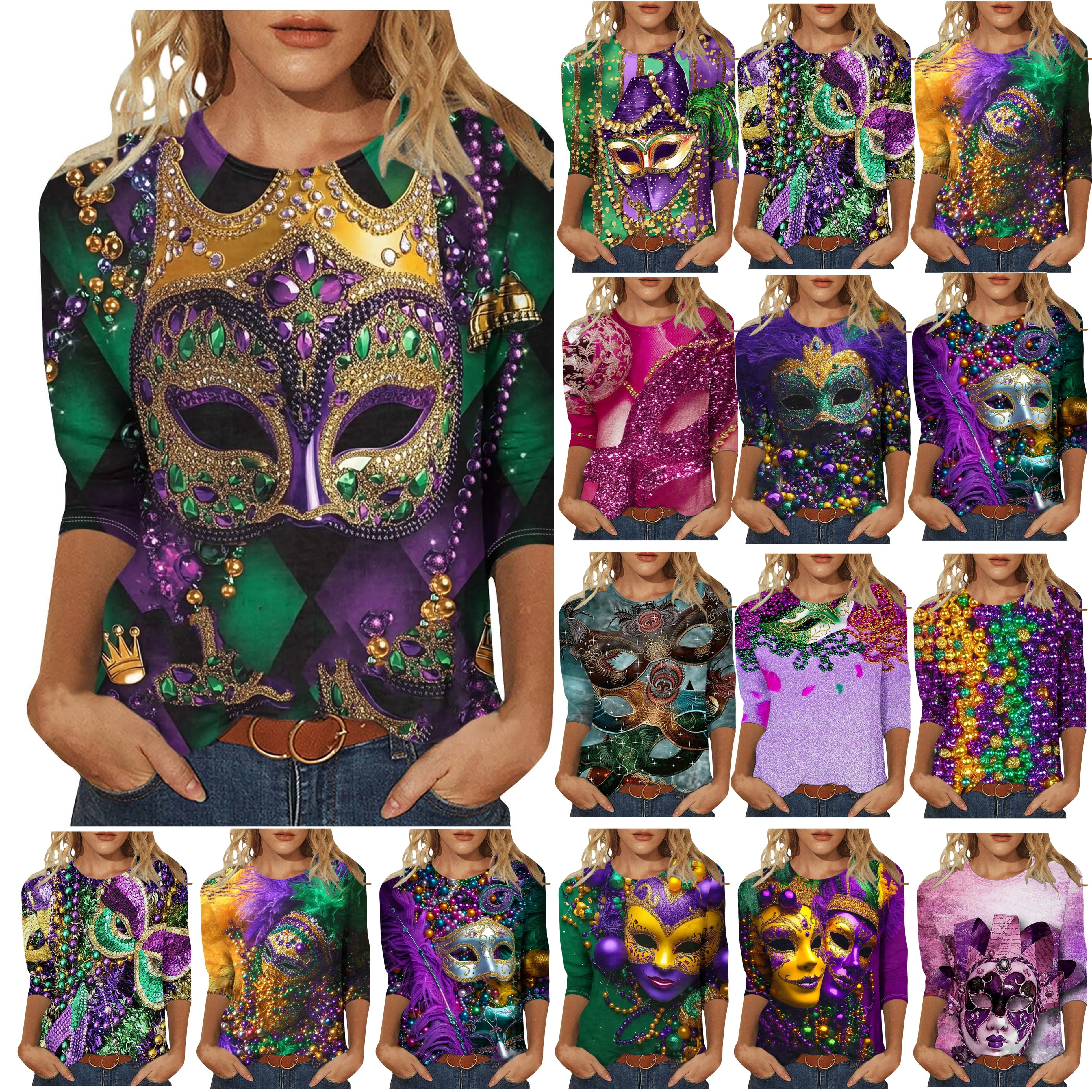 DDAPJ pyju 3/4 Sleeve Tops for Women Mardi Gras Shirts Casual Round ...
