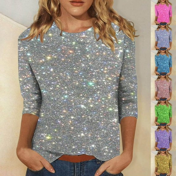 DDAPJ pyju 3/4 Sleeve Tops for Women Sequin Print Casual Party Blouse Sparkly Glitter T-shirt Loose Fit Round Neck Pullover Tees Hot Pink XL