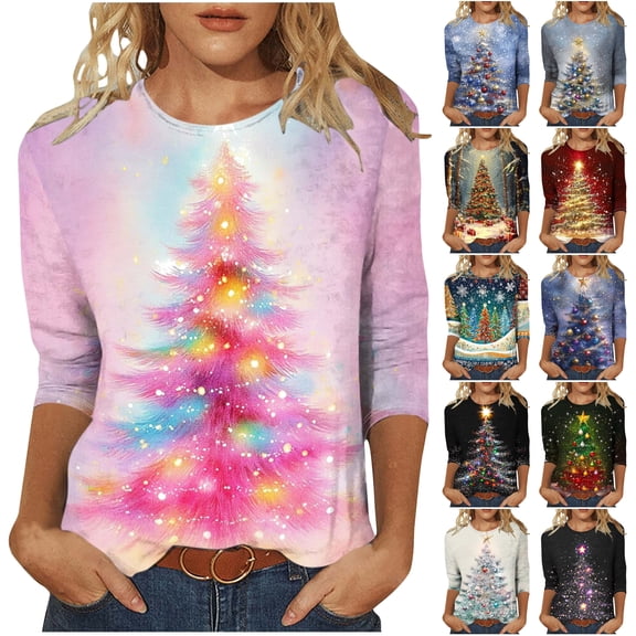 DDAPJ pyju 3/4 Sleeve Tops for Women Christmas Shirts Casual Crew Neck Tee Shirts Fall Merry Christmas Graphic T Shirts Silver S