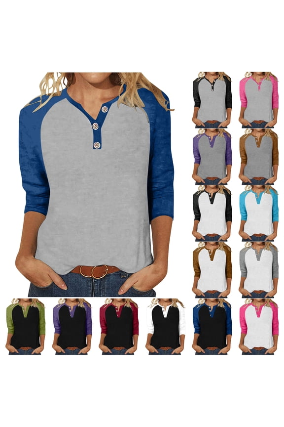 3/4 Sleeve Tops for Women Color Block Henley Shirts Baseball Style Raglan Tshirts Summer Casual Streetwear Purple XXXL