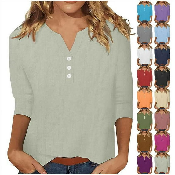 DDAPJ pyju 3/4 Sleeve Womens Cotton Linen Tops Dressy Casual Henley Shirt Loose Fit Mid-length Pullover Blouse Birthday Gifts Black M