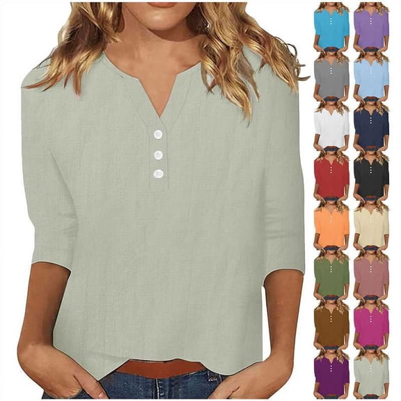 DDAPJ pyju 3/4 Sleeve Womens Cotton Linen Tops Dressy Casual Henley Shirt Loose Fit Mid-length Pullover Blouse Prime Sales Today Light Green XXL