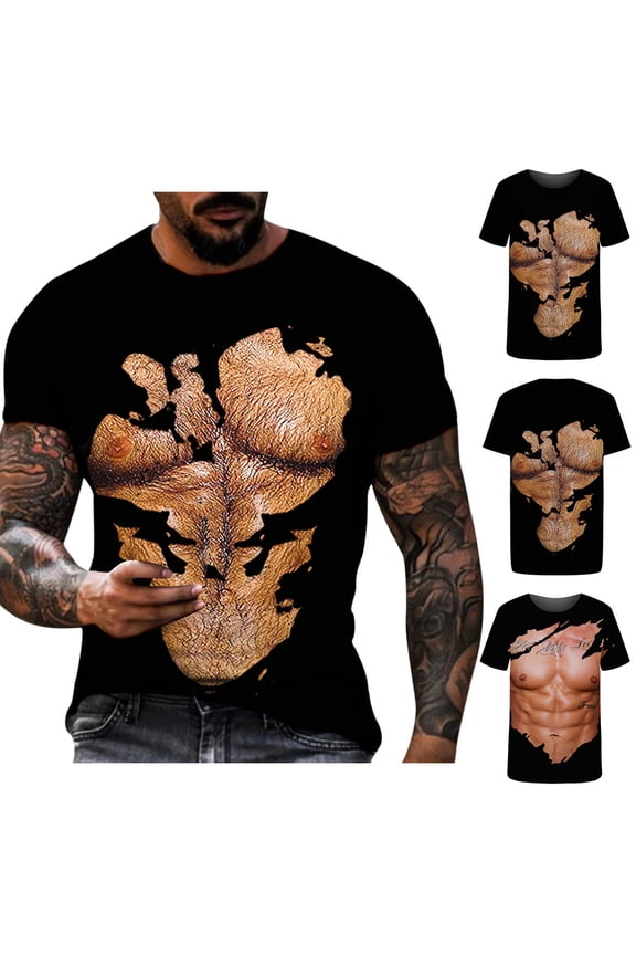 3D Art Printed Short Sleeves Fake Muscle T-Shirt Casual Summer Tees for Men Black L