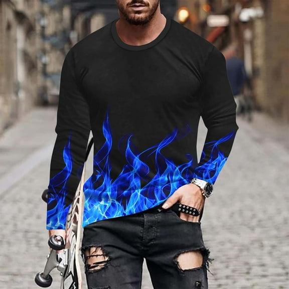 DDAPJ pyju 3D Graphic T-shirt for Men Flame Print Casual Long Sleeve Crewneck Pullover Tees Plus Size Lightweight Casual Workout Tee Tops Big and Tall Cool Streetwear Blue XL