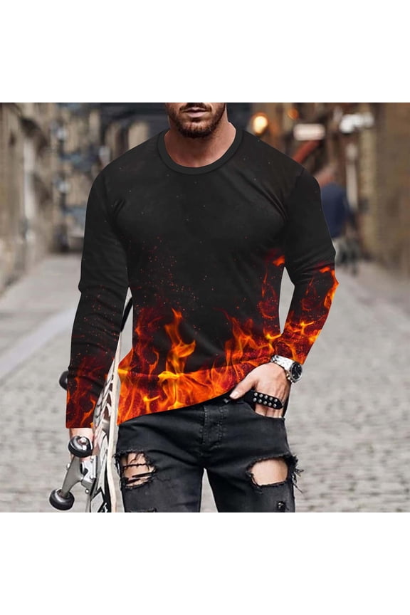 3D Graphic T-shirt for Men Flame Print Casual Long Sleeve Crewneck Pullover Tees Plus Size Lightweight Casual Workout Tee Tops Big and Tall Cool Streetwear Orange XXL