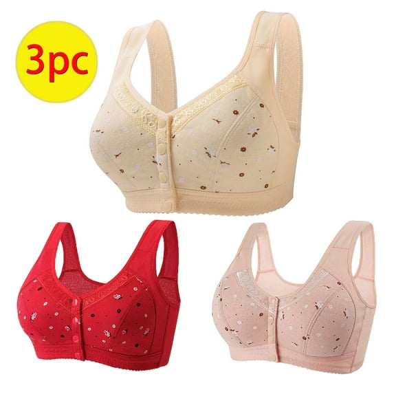 DDAPJ pyju 3PC Daisy Bras for Older Women 3 Pack Front Closure Wireless Sports Bras Senior Comfortable Everyday T-shirt Bra XXXL