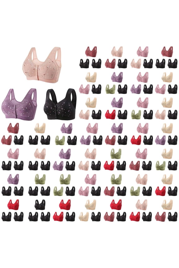 3Pc Push Up Bras for Women Front Closure Button Down Comfort Retro Bras Wireless Full Coverage Tshirt Bras for Older Green XXXL