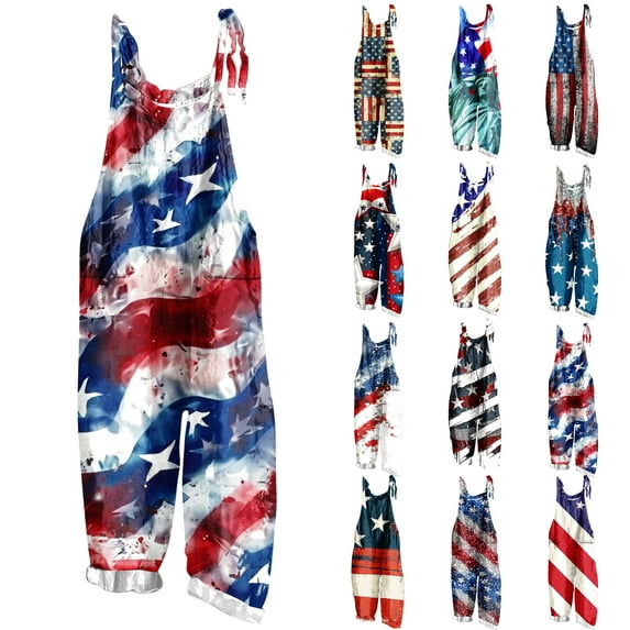 DDAPJ pyju 4th of July Jumpsuit Women Sleeveless American Flag Print Wide Leg Rompers Adjustable Straps Patriotic Casual Overalls with Pockets Sales of The Day Clearance Dark Blue S