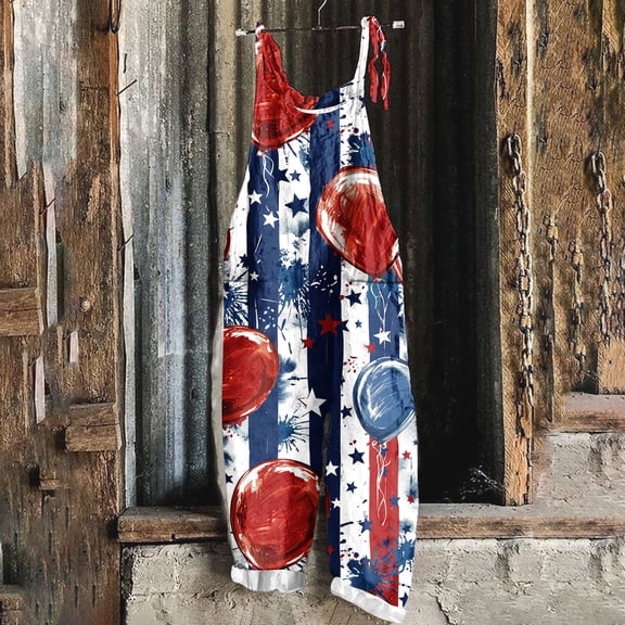 DDAPJ pyju 4th of July Overalls for Women Memorial Day Sleeveless American Flag Jumpsuits Red White and Blue Long Rompers with Pockets Todays Sales Blue#4 XXL