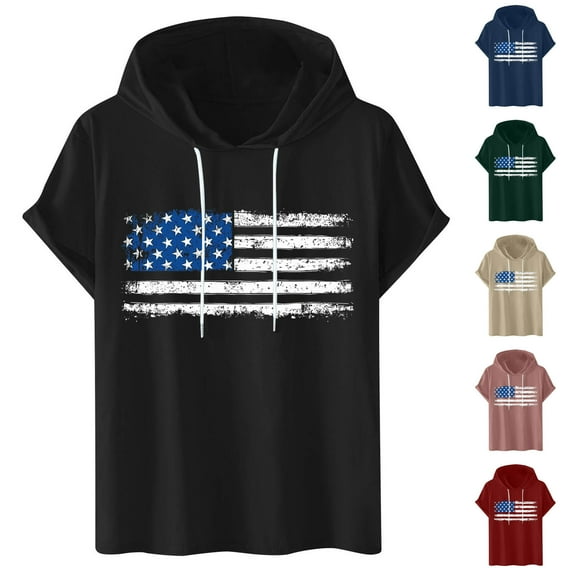 DDAPJ pyju 4th of July Patriotic Shirts for Men USA Flag Printed Short Sleeve Hoodies Lightweight Summer Drawstring Pullover Hoodie Navy L