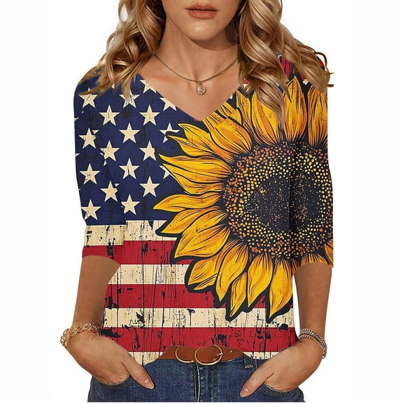 DDAPJ pyju 4th of July Shirts Women 3/4 Sleeve V Neck Graphic T-Shirts Stars and Stripes Print Three Quarter Length T Shirt Yellow M