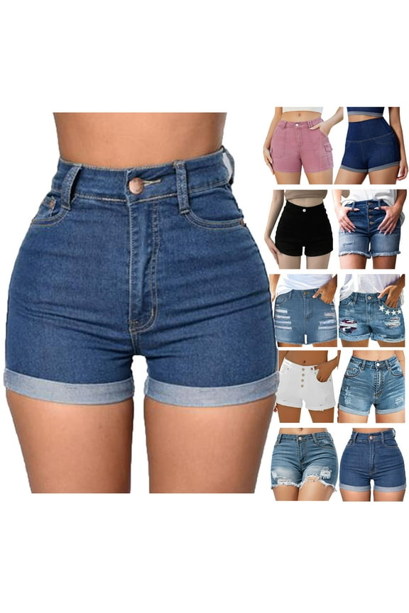 4th of July Shorts for Women American Flag Printed Denim Shorts High Waisted Star Stripes Short Pants White L