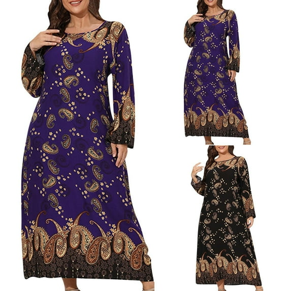 DDAPJ pyju African Dresses for Women Ethnic Tribal Print Long Sleeve Maxi Dresses Plus Size Empire Waist Dresses Caftan Beach Dress Evening Party Dresses Black XL