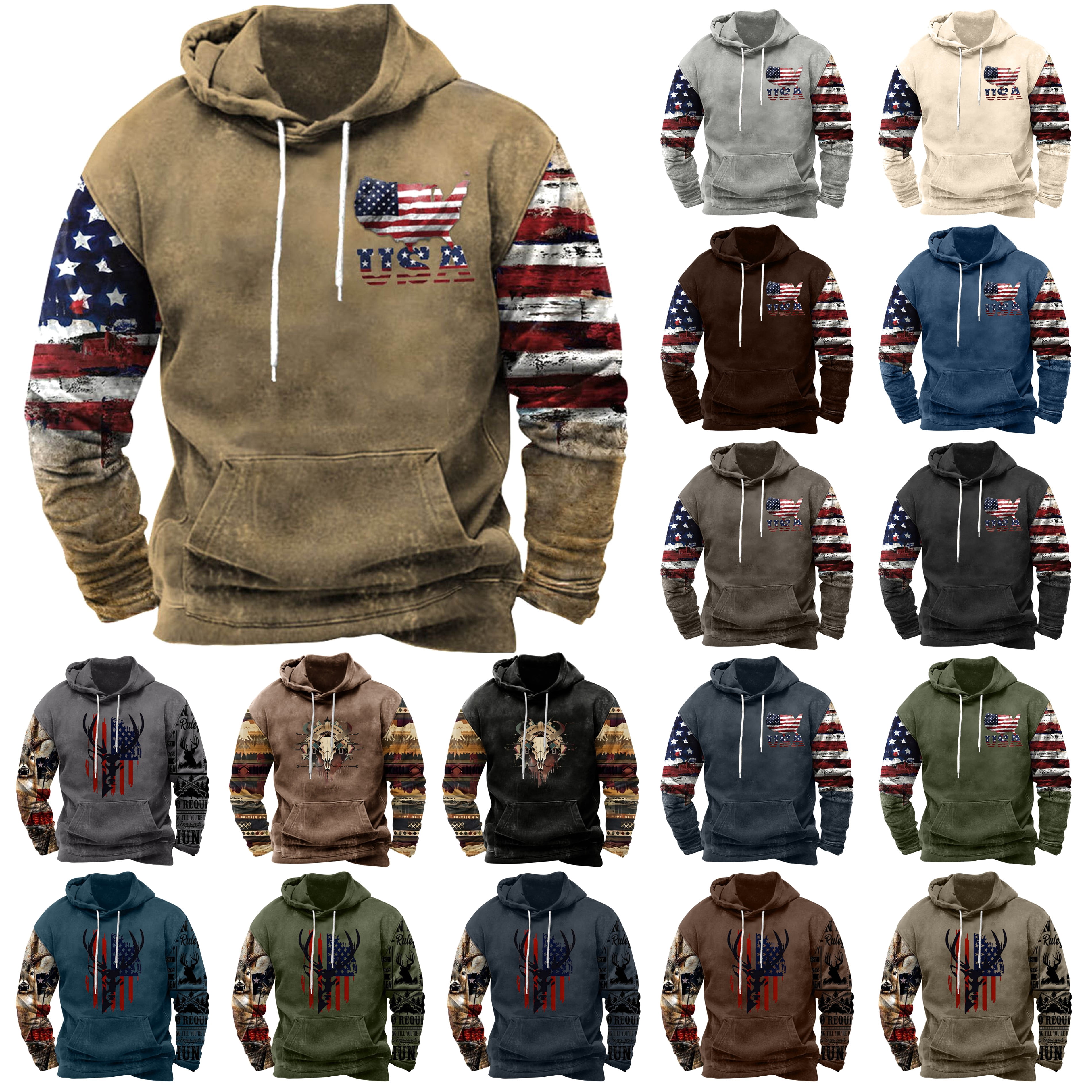 DDAPJ pyju American Flag Hoodies for Men USA Graphic Hooded Sweatshirts Western Aztec Ethnic Drawstring Pullover Tops with Kangaroo Pocket Beige M