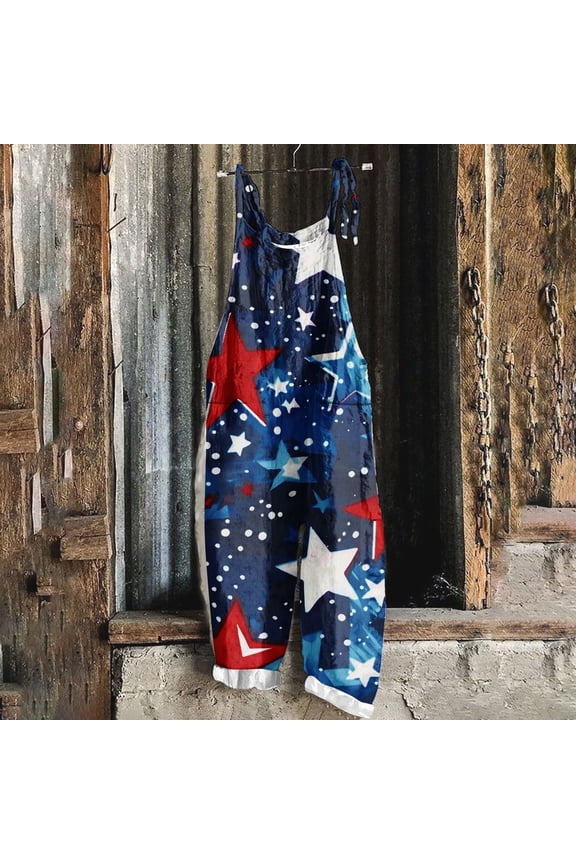 American Flag Jumpsuit for Women 4th of July Patriotic Romper 2025 Summer Adjustable Straps Linen Overalls Loose Wide Leg Onesie Pants with Pockets Limited Time Sales Navy M