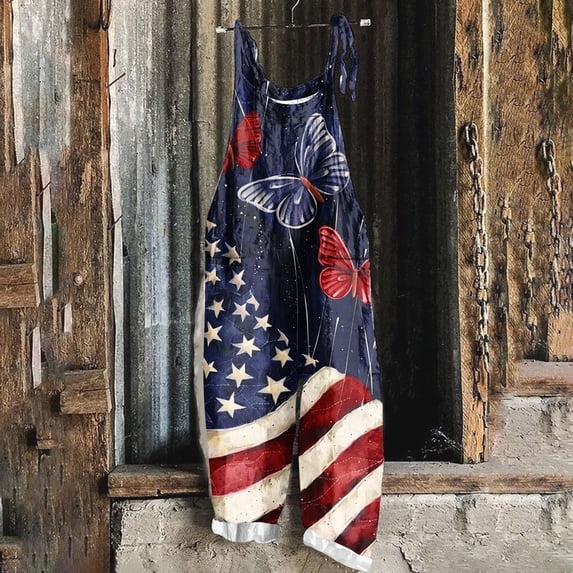 DDAPJ pyju American Flag Jumpsuits for Women 4th of July Patriotic Overalls Red White Blue Stripes Sleeveless Wide Leg Rompers with Pockets Sales Today Clearance Navy XXXL
