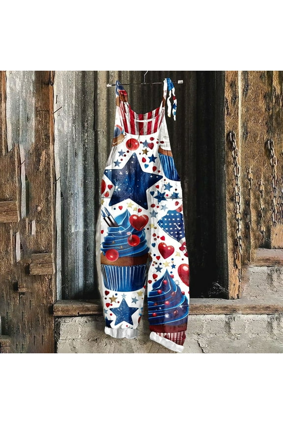 American Flag Jumpsuits for Women 4th of July Patriotic Rompers Sleeveless Spaghetti Strap Baggy Overalls Jumpers with Pockets 90% off Clearance Sale White XXXXXL