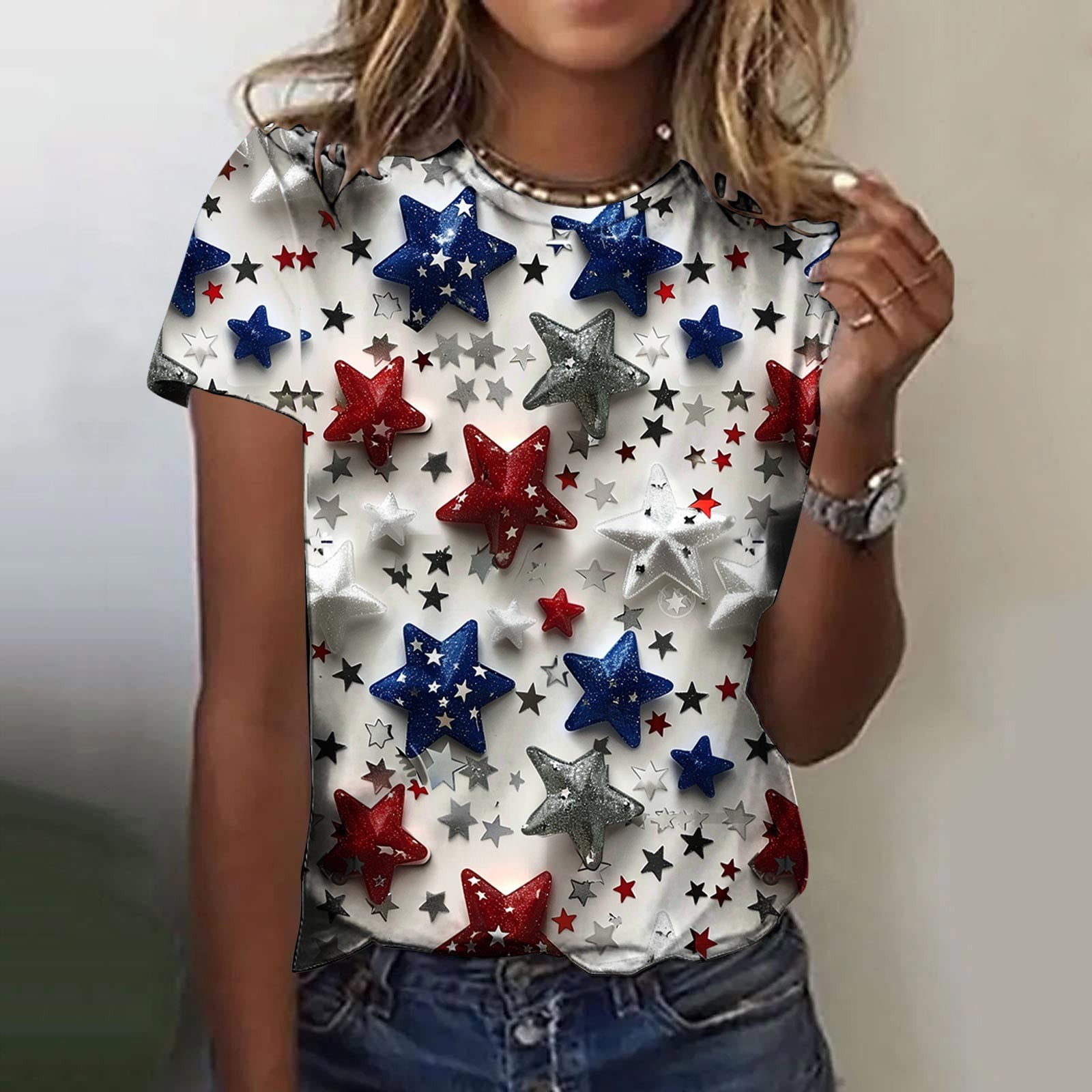 Aoang Women's American Flag Print T-Shirt - Patriotic Stars & Stripes Tee, Casual Fit, Size M Gray - View #9