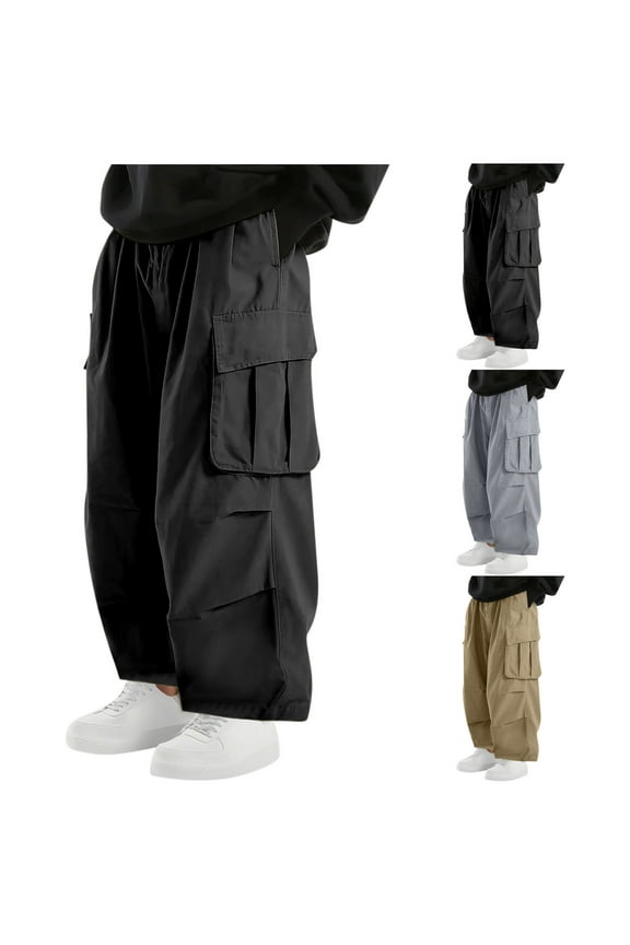 Baggy Cargo Pants for Men Drawstring Elastic Waist Wide Leg Trousers Lightweight Stretch Work Pants with Multi Pockets Black S