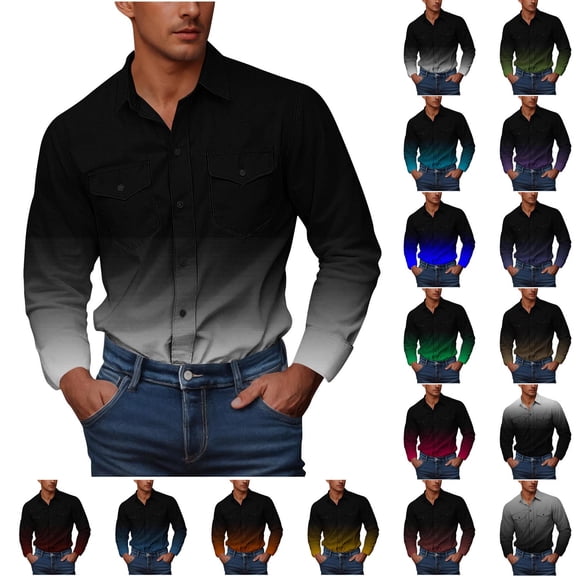 DDAPJ pyju Big and Tall Button Down Shirts for Men Gradient Print Long Sleeve Shirt Western Cowboy Shirts Lightweight Collared Tops with Pockets Hot Pink M