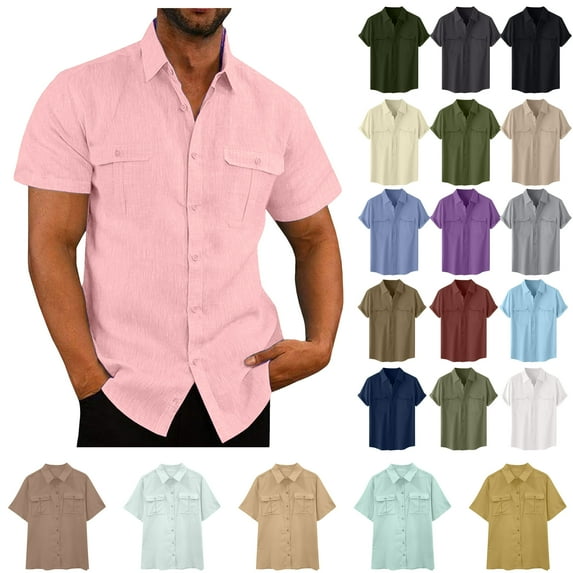 DDAPJ pyju Big and Tall Casual Button Down Shirts for Men Cotton Linen Shirt Basic Solid Business Dress Shirts Summer Wedding Shirt Resort Wear Pink L