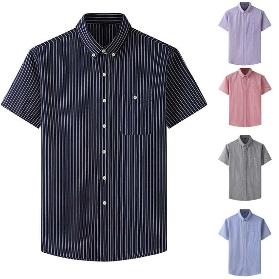 DDAPJ pyju Big and Tall Casual Button Down Shirts for Men Cotton Short Sleeve Striped Shirt Regular Fit Summer Dress Shirts with Pocket Sales Today Clearance Purple XXXXL