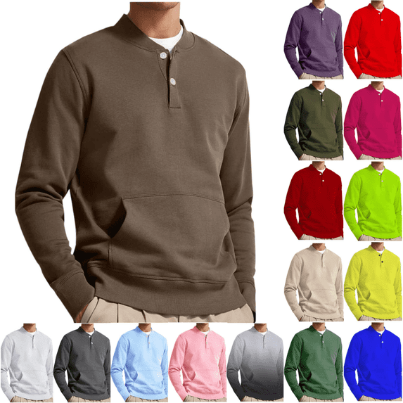 DDAPJ pyju Big and Tall Henley Sweatshirt Men Long Sleeve Button T-shirt Solid Casual Athletic Tee Tops Lightweight Kangaroo Pocket Pullover Sweatshirts s Today Hot Pink XXXXL
