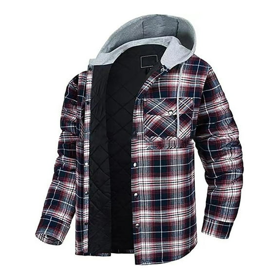 DDAPJ pyju Big and Tall Plaid Jacket for Men Quilted Lined Hooded Jacket Long Sleeve Button Down Hoodie Jacket Padded Warm Winter Coats with Pockets Clearance Sale Wine L
