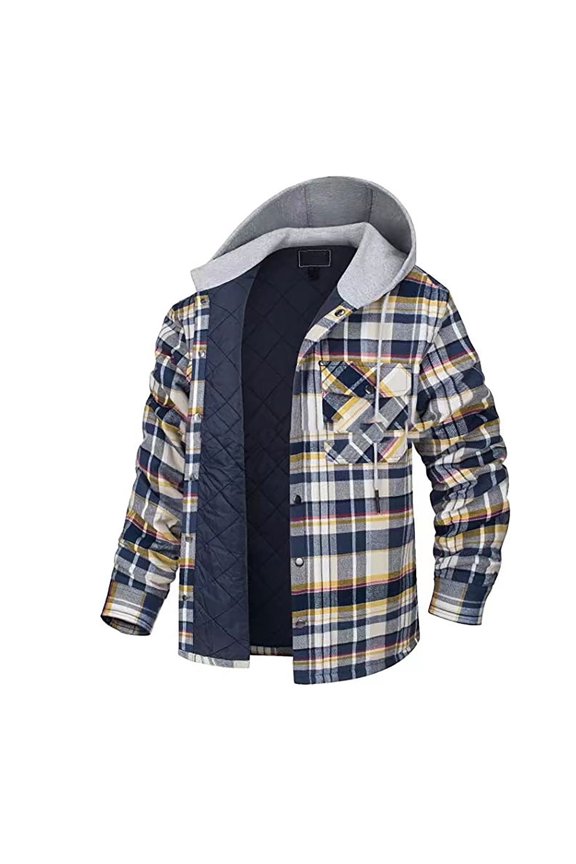 Big and Tall Plaid Jacket for Men Quilted Lined Hooded Jacket Long Sleeve Button Down Hoodie Jacket Padded Warm Winter Coats with Pockets Khaki XXL