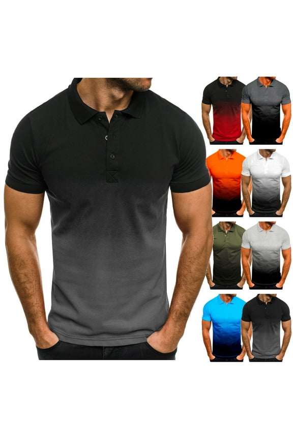Big and Tall Polo Shirts for Men Gradient Color Print Short Sleeve Collared T-shirts Performance Moisture Wicking Lightweight Golf Shirts Clearance Sale of Today Black M